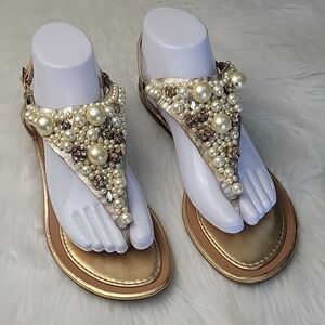 KATE SPADE Imani Gold Faux Pearl Jeweled Thong Open Toe Designer Glam Sandal 9.5